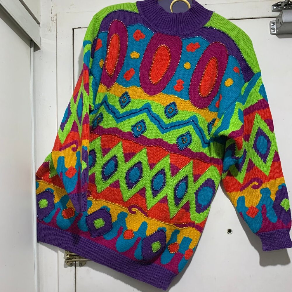 VINTAGE IB DIFFUSION KNITTED EMBELLISHED COTTON BLEND MULTICOLOR SWEATER SIZE M